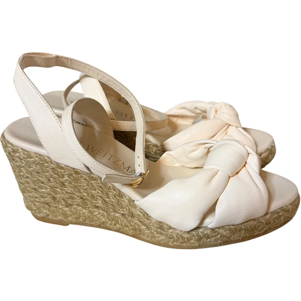 Stuart Weitzman Espadrille Wedge Sandals Playa 7B Cream Leather Knot SD898 - Picture 3 of 11
